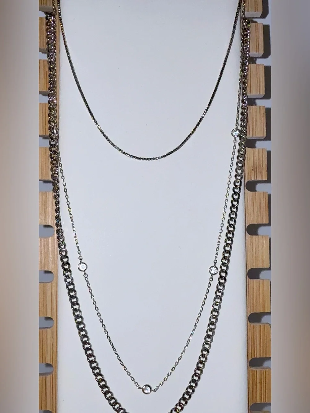 3 Layered Stainless Steel Silver Tone Crystal Station Necklace